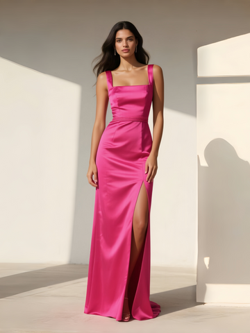 Satin Hot Pink Straps Trumpet Mermaid Prom Dress With Slit