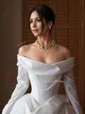 Ruched Satin A Line Off The Shoulder White Wedding Dress