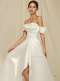 Ruched Slit A Line Satin Off The Shoulder Wedding Dress