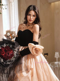 Black & Champagne Tulle Ruffles Off The Shoulder A Line Prom Dress