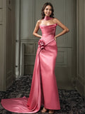 Flower Trumpet Mermaid Pink Strapless Ruched Satin Prom Dress With Slit