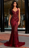 Burgundy Lace Tulle Straps Trumpet Mermaid Prom Dress