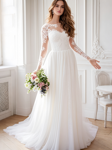 Jewel Neck Tulle Long Sleeve Lace Wedding Dress