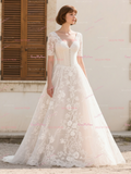 Short Sleeve Button V Neck Lace Wedding Dress