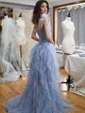 One Shoulder Flower Tulle Blue Prom Dress With Slit