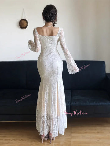 Flared Sleeves Long White Lace Bodycon Dress Sassymyprom Flared Sleeves Long White Lace Bodycon Dress Sassymyprom