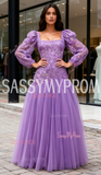 Long Sleeve Tulle Purple Square A Line Prom Dress