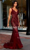 Burgundy Lace Tulle Straps Trumpet Mermaid Prom Dress