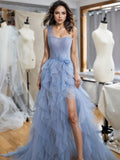 One Shoulder Flower Tulle Blue Prom Dress With Slit