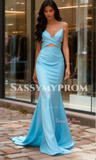 Trumpet Mermaid Satin Cut Out Blue V Neck Prom Dress