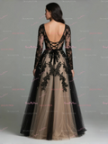 Long Sleeves Tulle Black Black Beading Wedding Dress