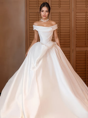 Ruched Satin A Line Off The Shoulder White Wedding Dress