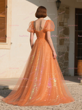 Sequin Orange Tulle Puffy Sleeve A Line Prom Dress