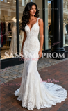 Deep V Neck Lace Trumpet Mermaid Wedding Dress