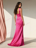 Satin Hot Pink Straps Trumpet Mermaid Prom Dress With Slit