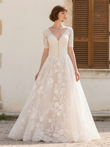 Short Sleeve Button V Neck Lace Wedding Dress