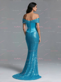 Off The Shoulder Trumpet Mermaid Blue Satin Prom Dress With Slit