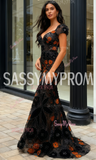 Sweetheart Beading Orange Black Cap Sleeves Flower Prom Dress