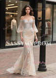 Off The Shoulder Long Sleeves Appliques Champange Wedding Dress