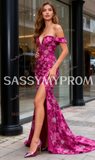 Flower Beading Off The Shoulder Fuchsia Lace Trumpet Mermaid Prom Dress