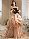 Black & Champagne Tulle Ruffles Off The Shoulder A Line Prom Dress