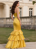 Beading Satin Trumpet Mermaid Yellow Sweetheart Prom Dress