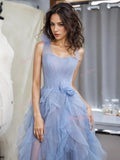 One Shoulder Flower Tulle Blue Prom Dress With Slit