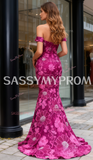 Flower Beading Off The Shoulder Fuchsia Lace Trumpet Mermaid Prom Dress
