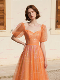 Sequin Orange Tulle Puffy Sleeve A Line Prom Dress