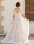 Short Sleeve Button V Neck Lace Wedding Dress