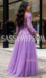 Long Sleeve Tulle Purple Square A Line Prom Dress