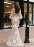 Off The Shoulder Long Sleeves Appliques Champange Wedding Dress