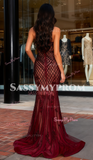 Burgundy Lace Tulle Straps Trumpet Mermaid Prom Dress