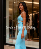 Trumpet Mermaid Satin Cut Out Blue V Neck Prom Dress