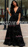 Sparkle Lace Black V Neck Short Sleeve Prom Dress