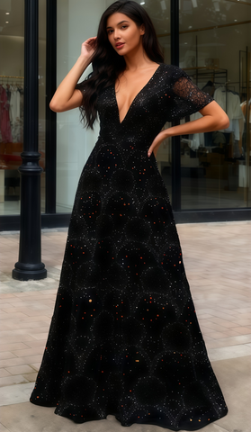 Sparkle Lace Black V Neck Short Sleeve Prom Dress