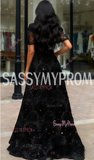Sparkle Lace Black V Neck Short Sleeve Prom Dress