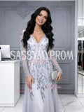 Long Sleeve A Line V Neck Gray Appliques Prom Dress