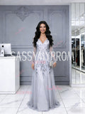 Long Sleeve A Line V Neck Gray Appliques Prom Dress