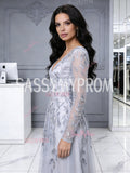 Long Sleeve A Line V Neck Gray Appliques Prom Dress
