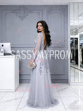 Long Sleeve A Line V Neck Gray Appliques Prom Dress