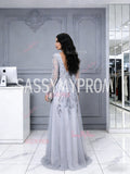 Long Sleeve A Line V Neck Gray Appliques Prom Dress
