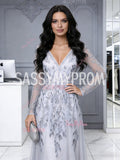 Long Sleeve A Line V Neck Gray Appliques Prom Dress