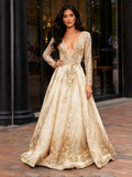 Deep V Neck Sequin Tulle A Line Gold Long Sleeve Prom Dress