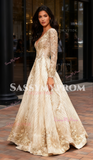 Deep V Neck Sequin Tulle A Line Gold Long Sleeve Prom Dress