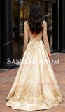 Deep V Neck Sequin Tulle A Line Gold Long Sleeve Prom Dress