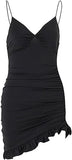 V-Neckline Ruffle-Trimmed Black Party Dress
