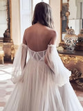 Tulle Off The Shoulder A Line Sheer Long Sleeve Wedding Dress