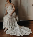Sheath Column Mesh V Neck Lace Wedding Dress