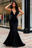 V Neck Spandex Trumpet Mermaid Black Prom Dress